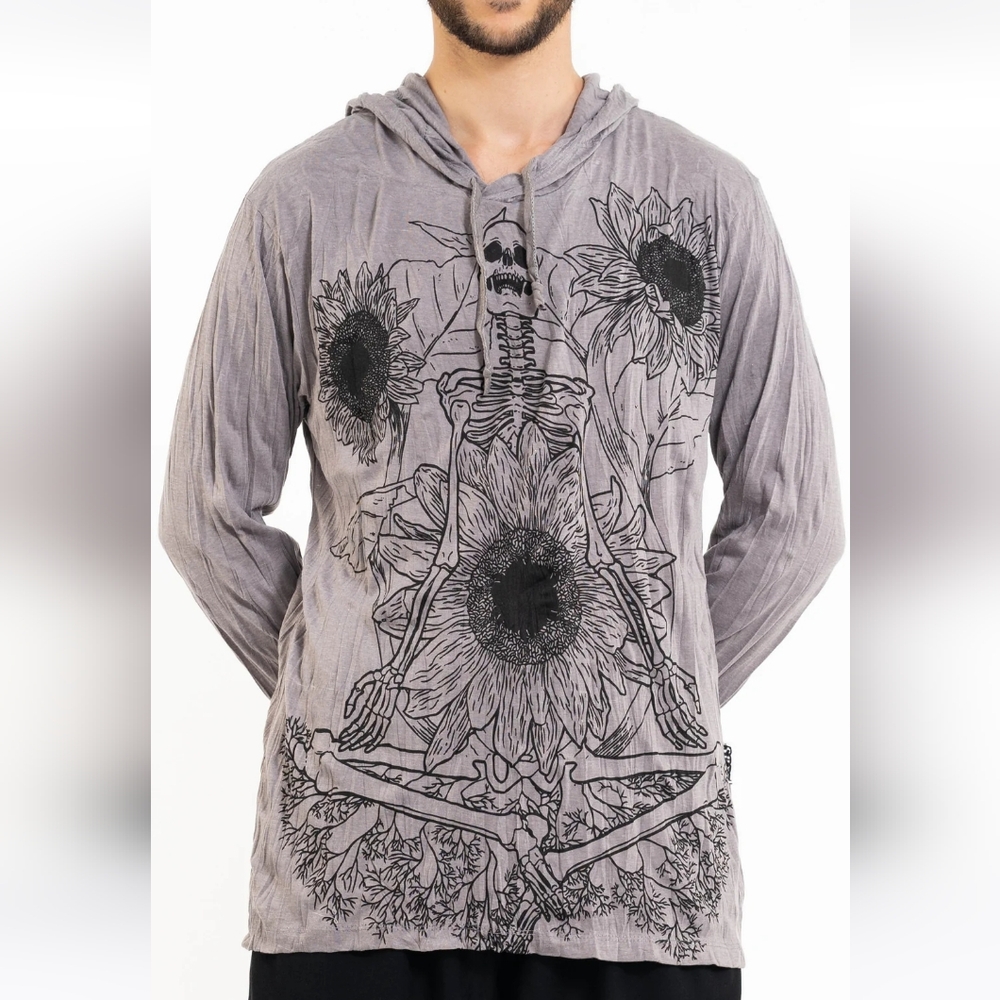 Skeleton sunflower yoga meditation Sure Design hooded grey long sleeve